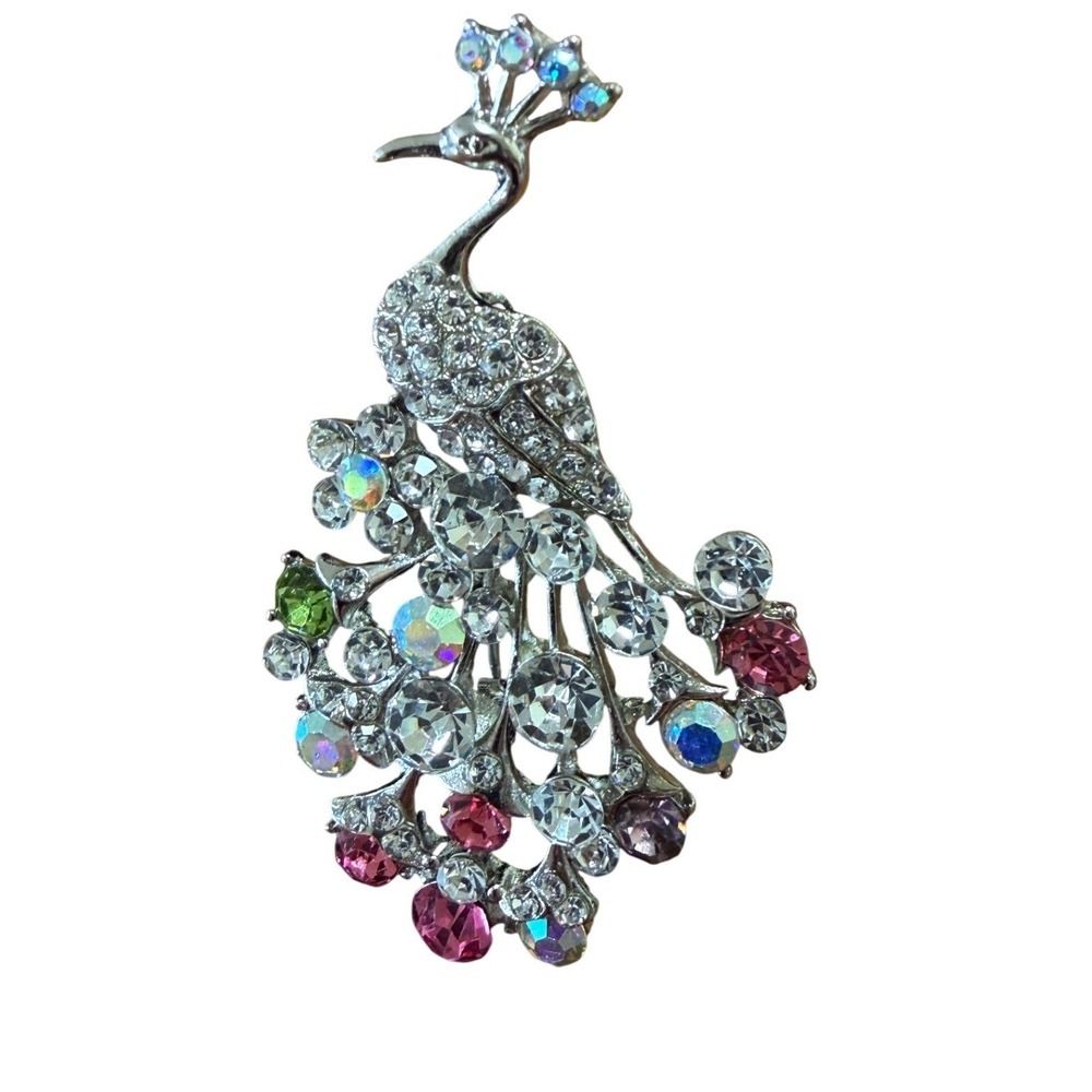 Vintage Style Peacock Brooch Silver Tone Multi Color‎ Rhinestone Bird Pin 2.5"